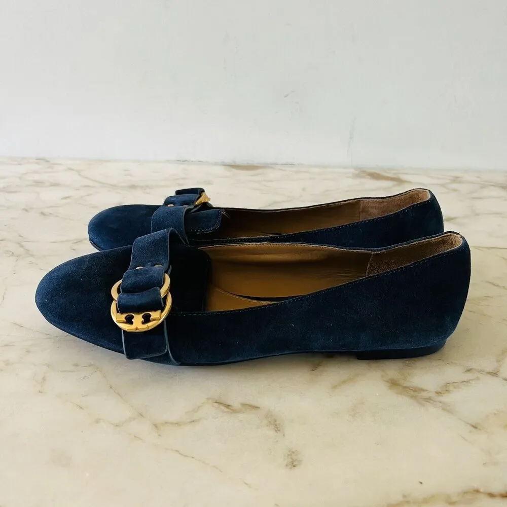 TORY BURCH Solid Blue Suede Smoking Flat Flats Gold Logo Buckle - US 7.5